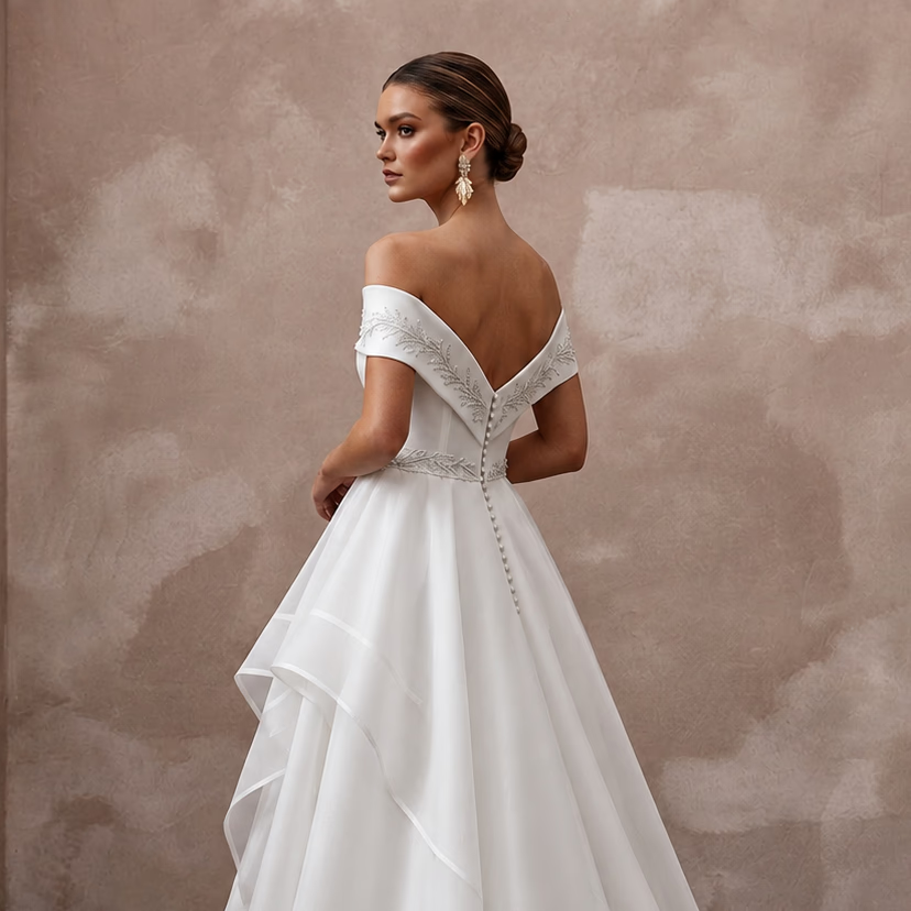 Modern Organza Wedding Dress with Off-the-Shoulder Neckline