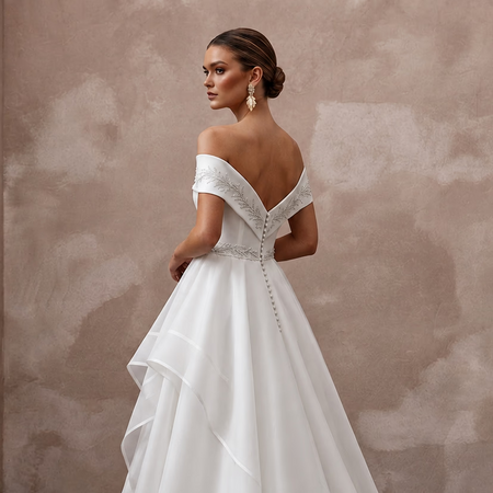 Modern Organza Wedding Dress with Off-the-Shoulder Neckline