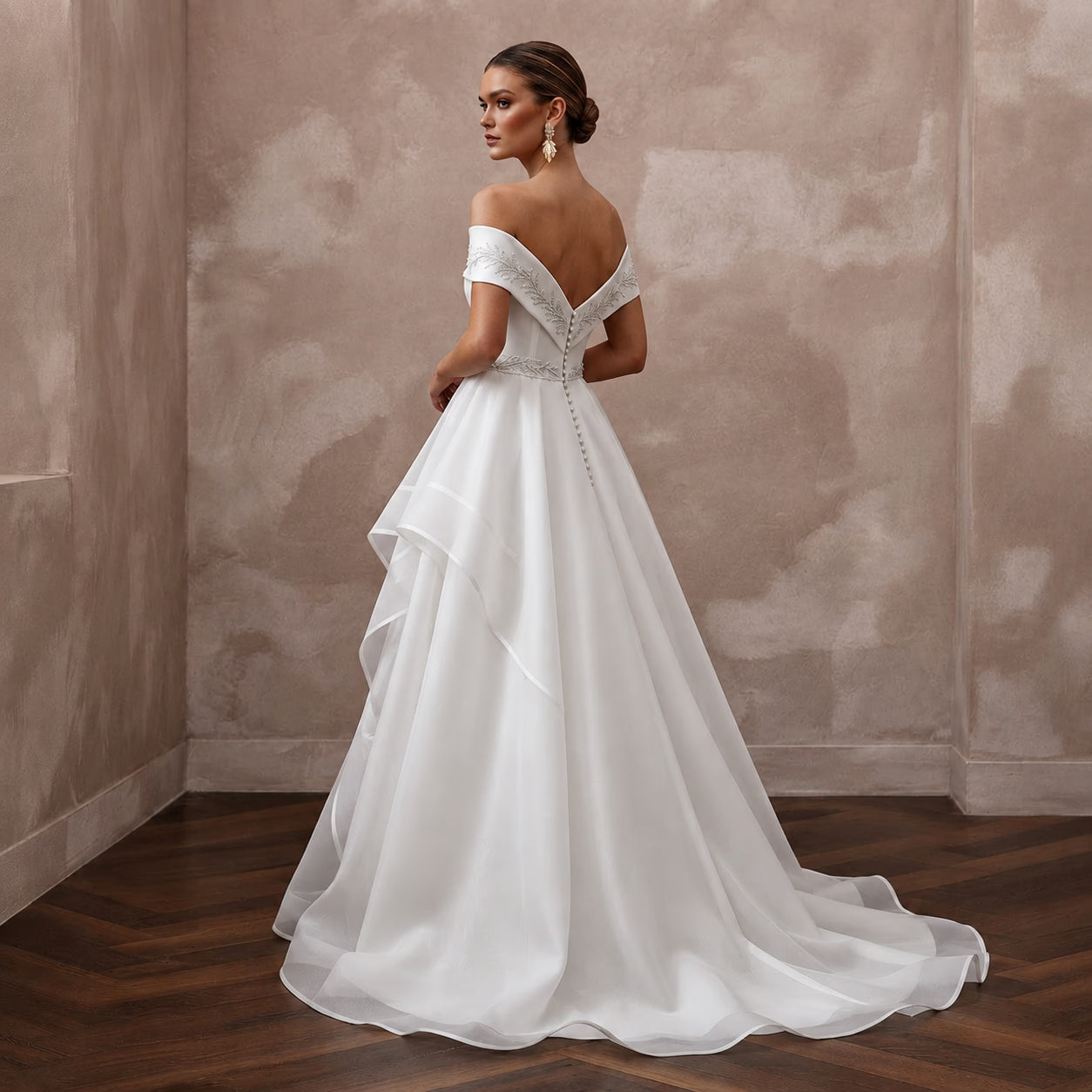Modern Organza Wedding Dress with Off-the-Shoulder Neckline