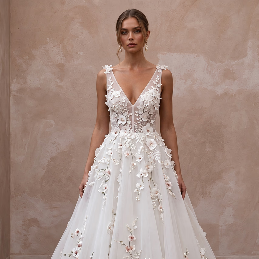 Modern Organza Wedding Gown with Floral Appliques