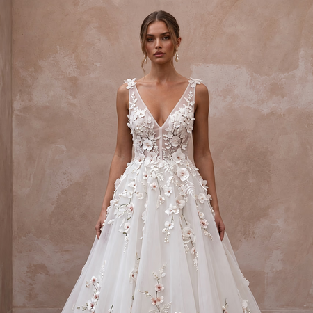 Modern Organza Wedding Gown with Floral Appliques