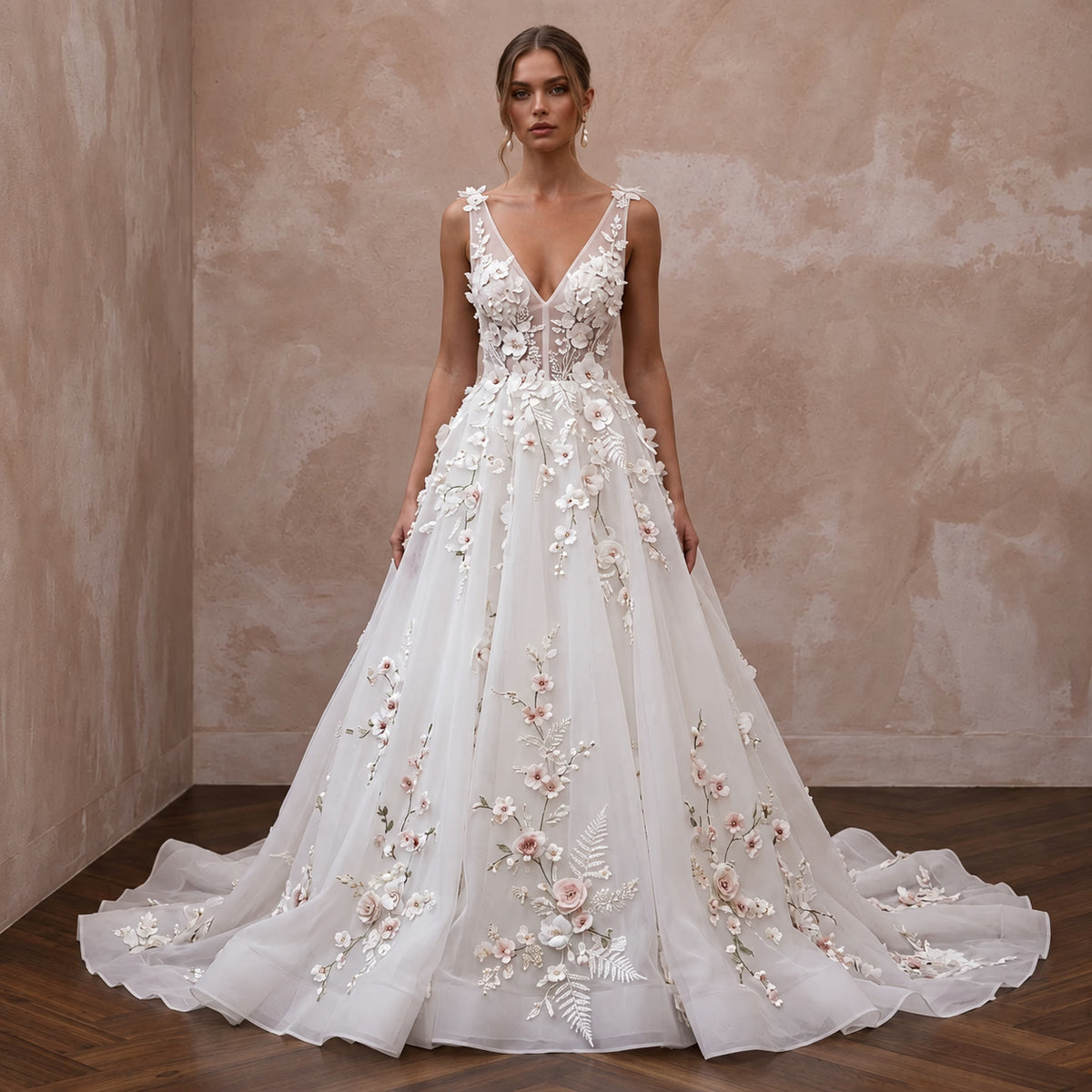 Modern Organza Wedding Gown with Floral Appliques