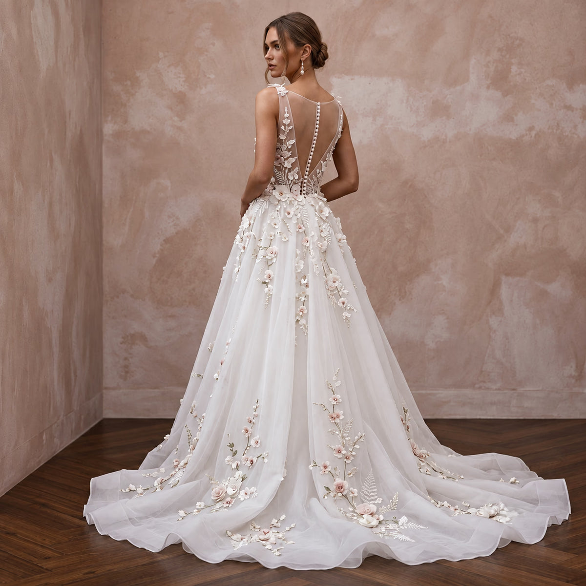 Modern Organza Wedding Gown with Floral Appliques