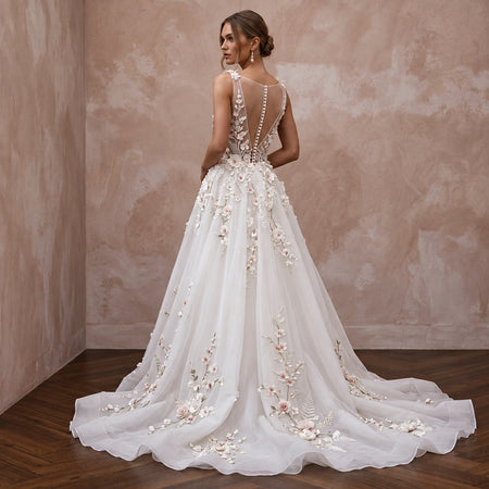 Modern Organza Wedding Gown with Floral Appliques