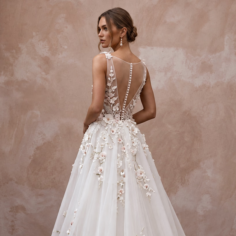Modern Organza Wedding Gown with Floral Appliques