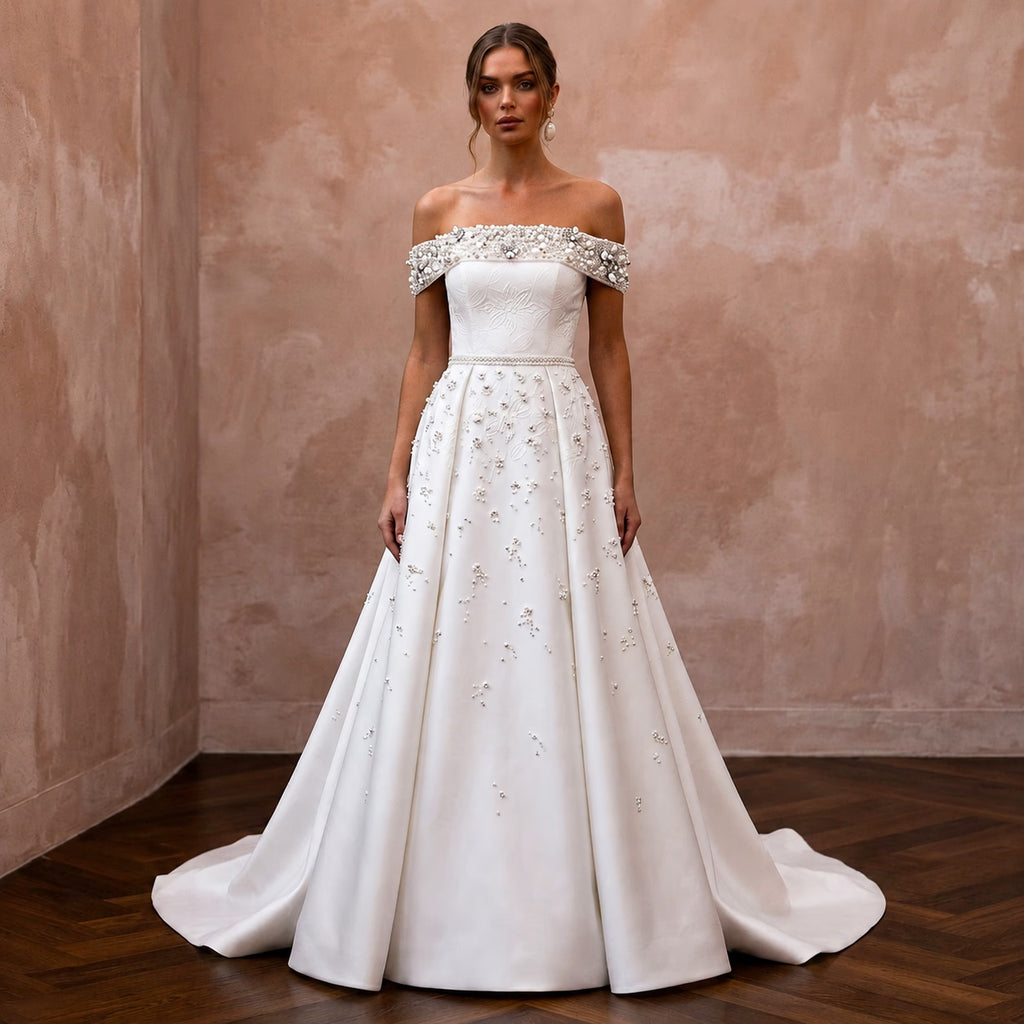 Modern Satin A - Line Wedding Dress with Off - the - Shoulder Neckline - Apparel & Accessories > Clothing > Wedding & Bridal Party Dresses > Wedding Dresses - Mignonette Bridal