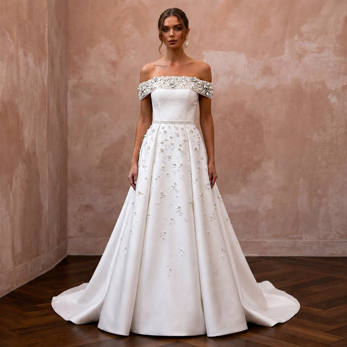 Modern Satin A - Line Wedding Dress with Off - the - Shoulder Neckline - Apparel & Accessories > Clothing > Wedding & Bridal Party Dresses > Wedding Dresses - Mignonette Bridal