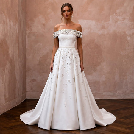 Modern Satin A - Line Wedding Dress with Off - the - Shoulder Neckline - Apparel & Accessories > Clothing > Wedding & Bridal Party Dresses > Wedding Dresses - Mignonette Bridal