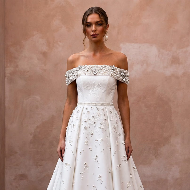 Modern Satin A - Line Wedding Dress with Off - the - Shoulder Neckline - Apparel & Accessories > Clothing > Wedding & Bridal Party Dresses > Wedding Dresses - Mignonette Bridal
