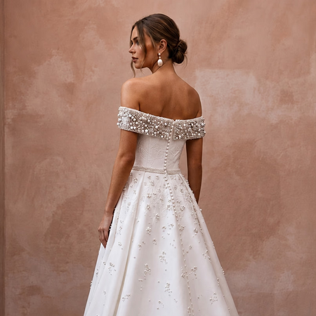 Modern Satin A - Line Wedding Dress with Off - the - Shoulder Neckline - Apparel & Accessories > Clothing > Wedding & Bridal Party Dresses > Wedding Dresses - Mignonette Bridal