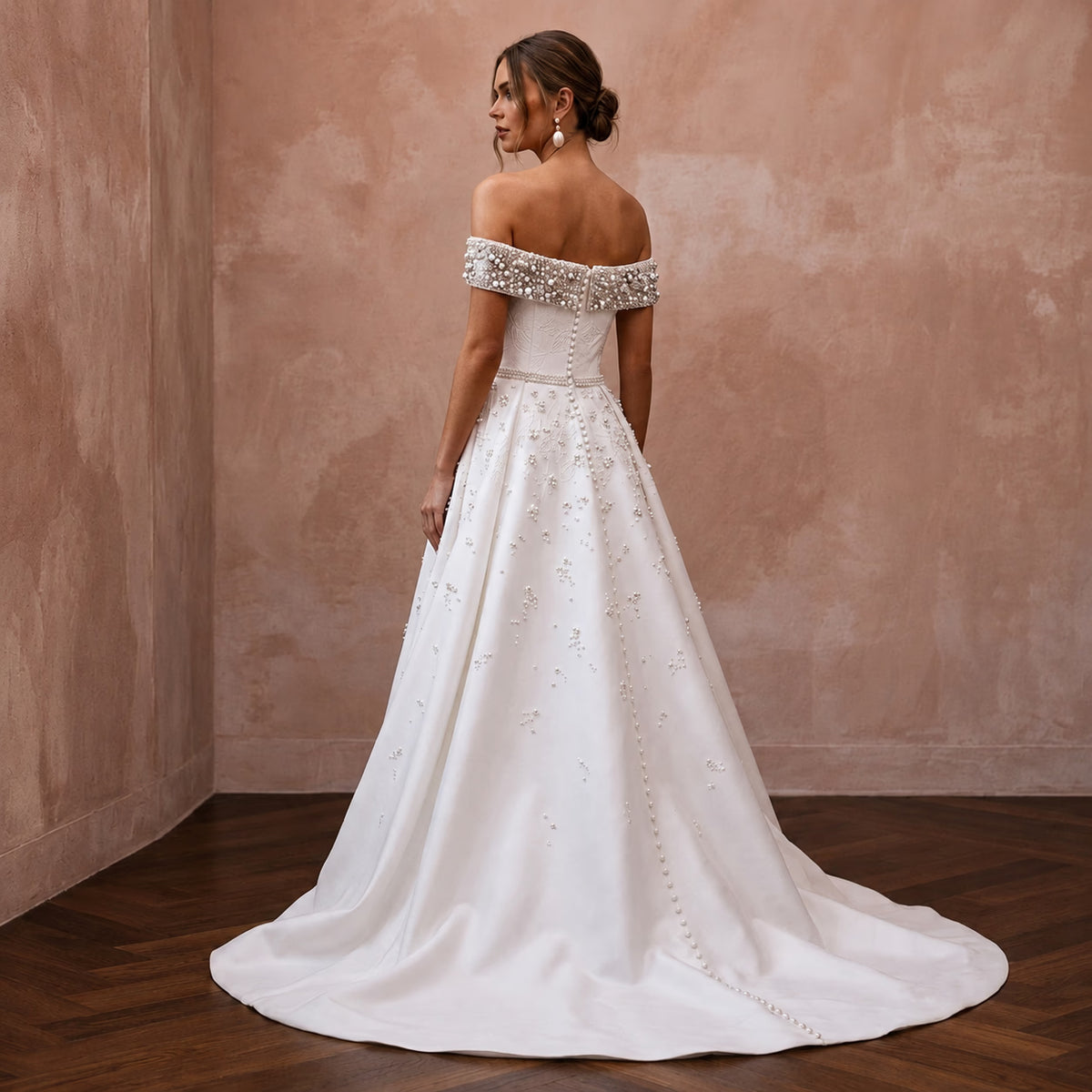Modern Satin A - Line Wedding Dress with Off - the - Shoulder Neckline - Apparel & Accessories > Clothing > Wedding & Bridal Party Dresses > Wedding Dresses - Mignonette Bridal