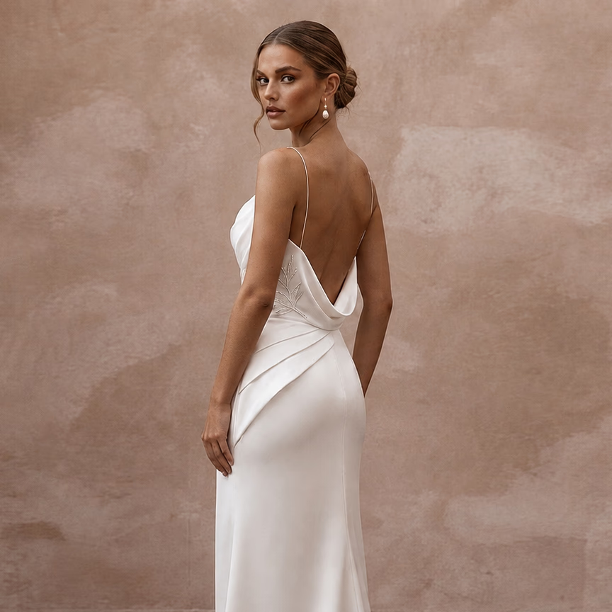Modern Satin Backless Wedding Dress with Spaghetti Straps