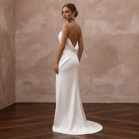 Modern Satin Backless Wedding Dress with Spaghetti Straps