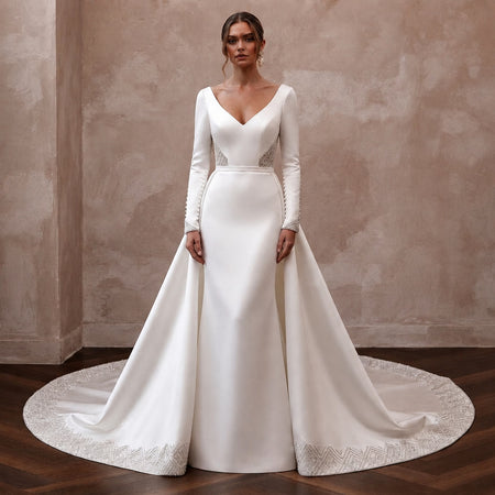 Modern Satin Bridal Gown with Detachable Train