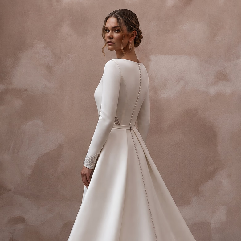 Modern Satin Bridal Gown with Detachable Train