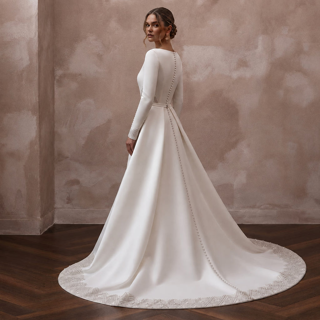 Modern Satin Bridal Gown with Detachable Train