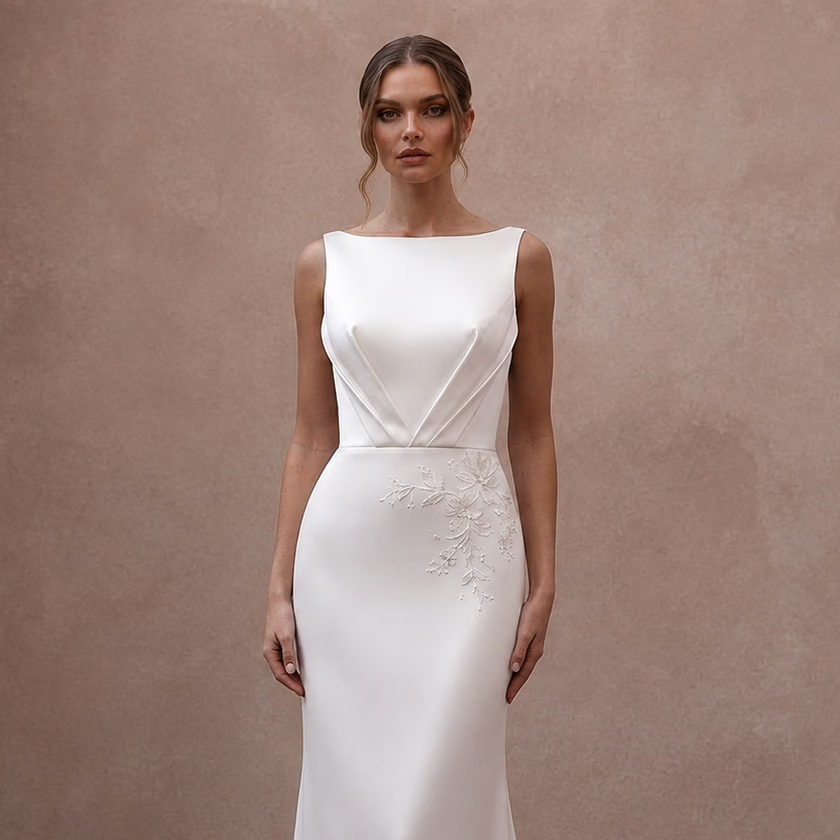 Modern Satin Column Wedding Dress with Open Back - Apparel & Accessories > Clothing > Wedding & Bridal Party Dresses > Wedding Dresses - Mignonette Bridal