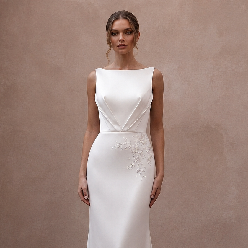 Modern Satin Column Wedding Dress with Open Back - Apparel & Accessories > Clothing > Wedding & Bridal Party Dresses > Wedding Dresses - Mignonette Bridal