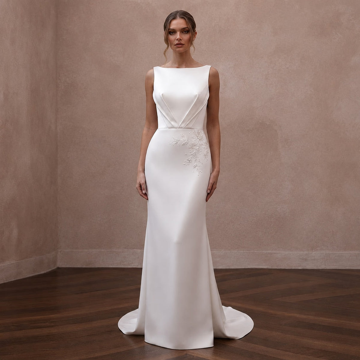 Modern Satin Column Wedding Dress with Open Back - Apparel & Accessories > Clothing > Wedding & Bridal Party Dresses > Wedding Dresses - Mignonette Bridal Main image