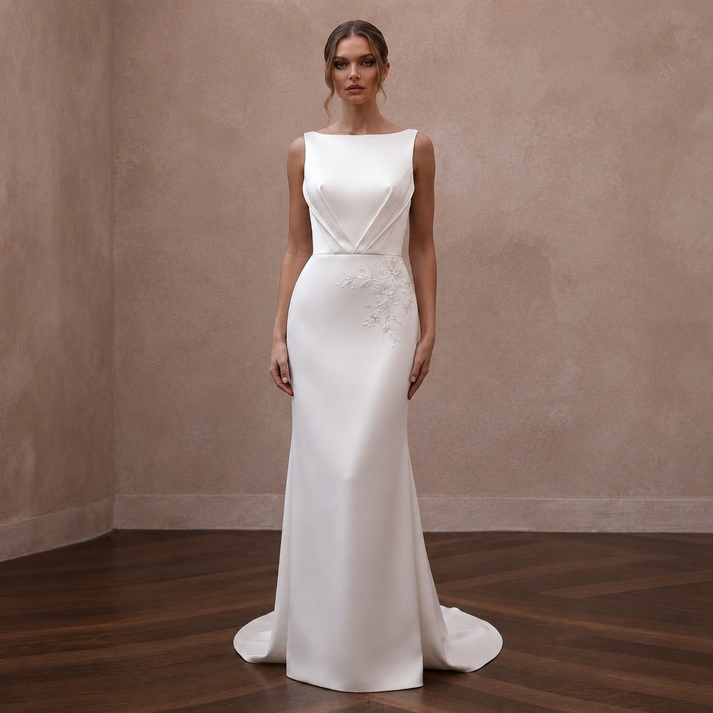Modern Satin Column Wedding Dress with Open Back - Apparel & Accessories > Clothing > Wedding & Bridal Party Dresses > Wedding Dresses - Mignonette Bridal