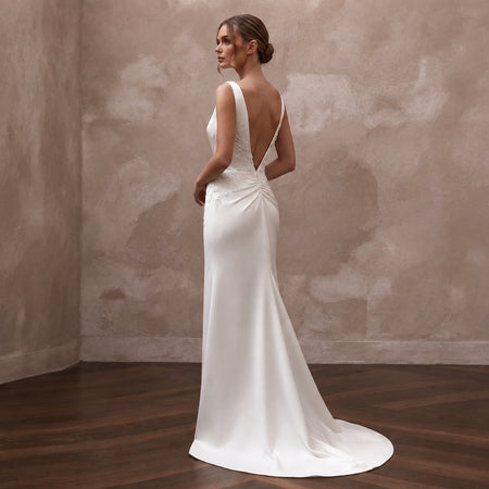 Modern Satin Column Wedding Dress with Open Back - Apparel & Accessories > Clothing > Wedding & Bridal Party Dresses > Wedding Dresses - Mignonette Bridal