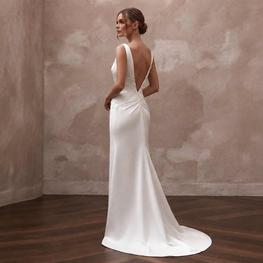 Modern Satin Column Wedding Dress with Open Back - Apparel & Accessories > Clothing > Wedding & Bridal Party Dresses > Wedding Dresses - Mignonette Bridal