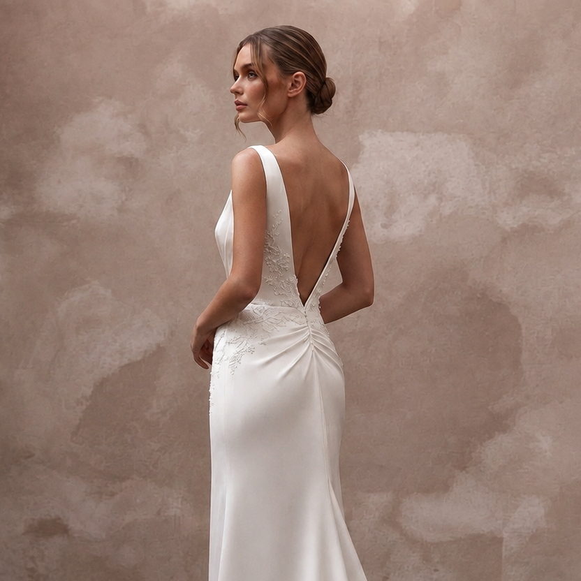 Modern Satin Column Wedding Dress with Open Back - Apparel & Accessories > Clothing > Wedding & Bridal Party Dresses > Wedding Dresses - Mignonette Bridal