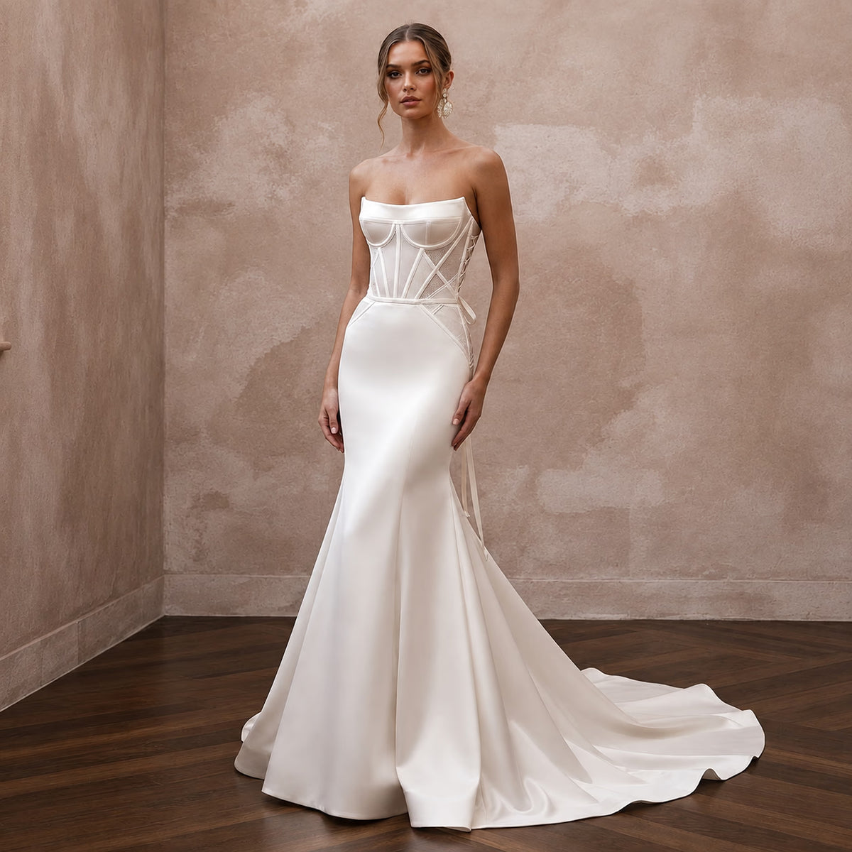 Modern Satin Corset Wedding Dress with Mermaid Silhouette - Apparel & Accessories > Clothing > Wedding & Bridal Party Dresses > Wedding Dresses - Mignonette Bridal Main image