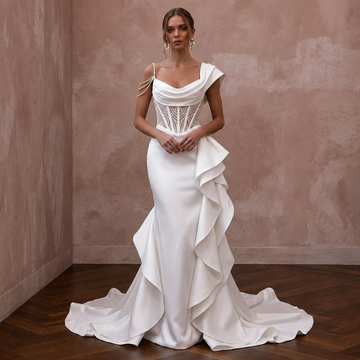 Modern Satin Mermaid Wedding Dress with Corset Bodice - Apparel & Accessories > Clothing > Wedding & Bridal Party Dresses > Wedding Dresses - Mignonette Bridal Main image