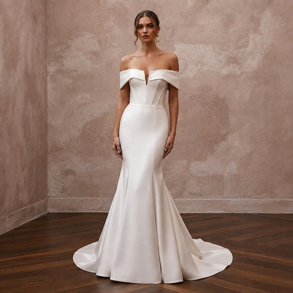 Modern Satin Mermaid Wedding Dress with Off - the - Shoulder Neckline - Apparel & Accessories > Clothing > Wedding & Bridal Party Dresses > Wedding Dresses - Mignonette Bridal