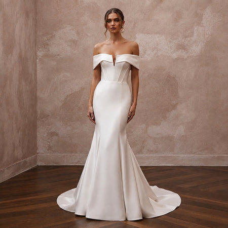 Modern Satin Mermaid Wedding Dress with Off - the - Shoulder Neckline - Apparel & Accessories > Clothing > Wedding & Bridal Party Dresses > Wedding Dresses - Mignonette Bridal