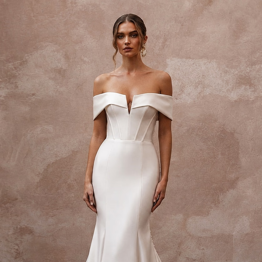 Modern Satin Mermaid Wedding Dress with Off - the - Shoulder Neckline - Apparel & Accessories > Clothing > Wedding & Bridal Party Dresses > Wedding Dresses - Mignonette Bridal