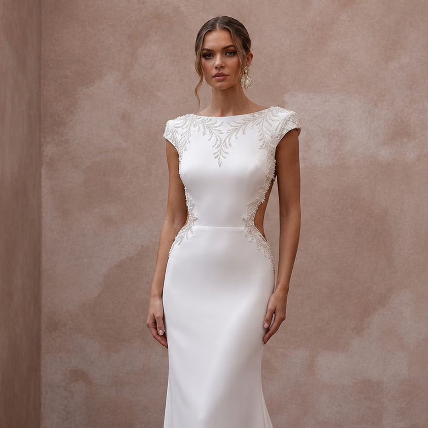Modern Satin Open Back Wedding Dress with Sheath Silhouette
