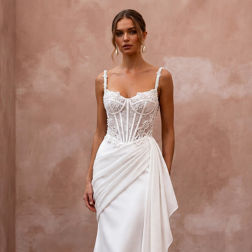Modern Satin Trumpet Wedding Dress with Corset Bodice - Apparel & Accessories > Clothing > Wedding & Bridal Party Dresses > Wedding Dresses - Mignonette Bridal