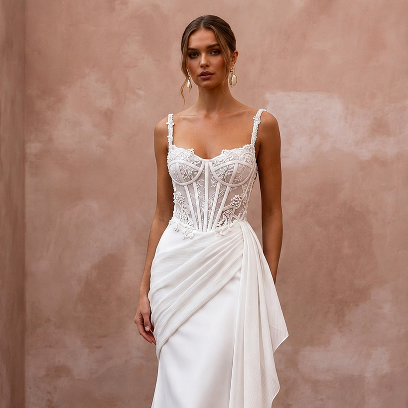 Modern Satin Trumpet Wedding Dress with Corset Bodice - Apparel & Accessories > Clothing > Wedding & Bridal Party Dresses > Wedding Dresses - Mignonette Bridal