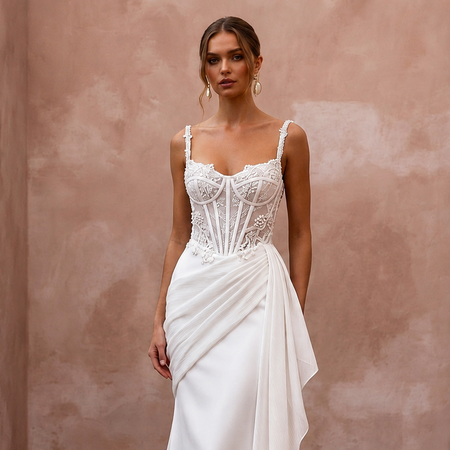 Modern Satin Trumpet Wedding Dress with Corset Bodice - Apparel & Accessories > Clothing > Wedding & Bridal Party Dresses > Wedding Dresses - Mignonette Bridal