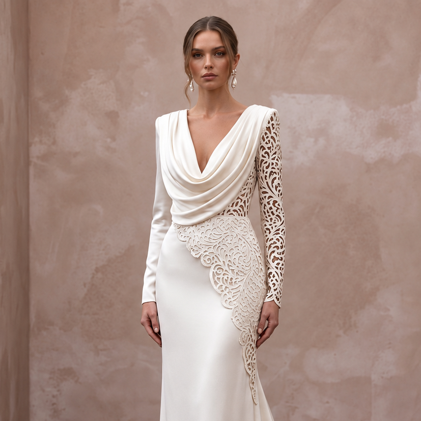 Modern Satin Wedding Dress with Draped Neckline