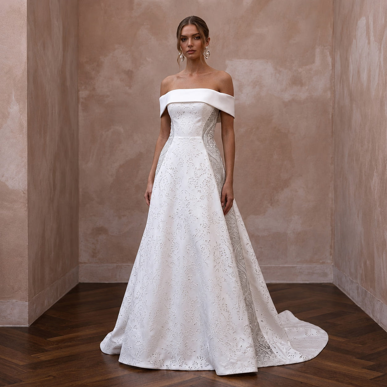 Modern Satin Wedding Dress with Off-the-Shoulder Neckline and A-Line Silhouette