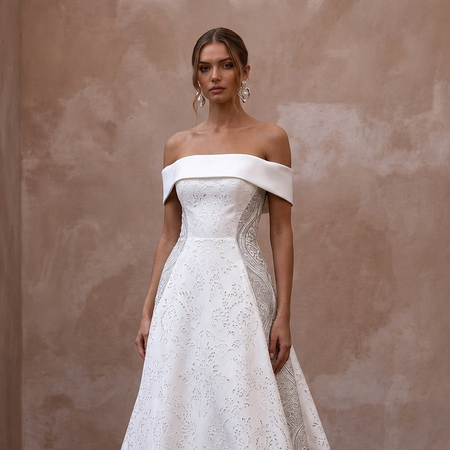 Modern Satin Wedding Dress with Off-the-Shoulder Neckline and A-Line Silhouette