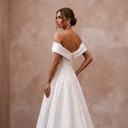 Modern Satin Wedding Dress with Off-the-Shoulder Neckline and A-Line Silhouette