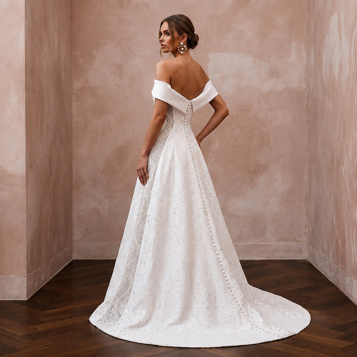 Modern Satin Wedding Dress with Off-the-Shoulder Neckline and A-Line Silhouette