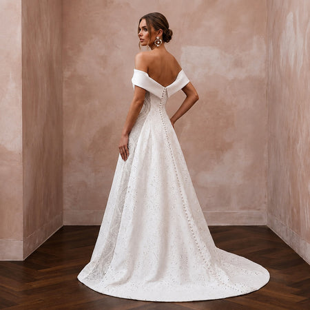 Modern Satin Wedding Dress with Off-the-Shoulder Neckline and A-Line Silhouette