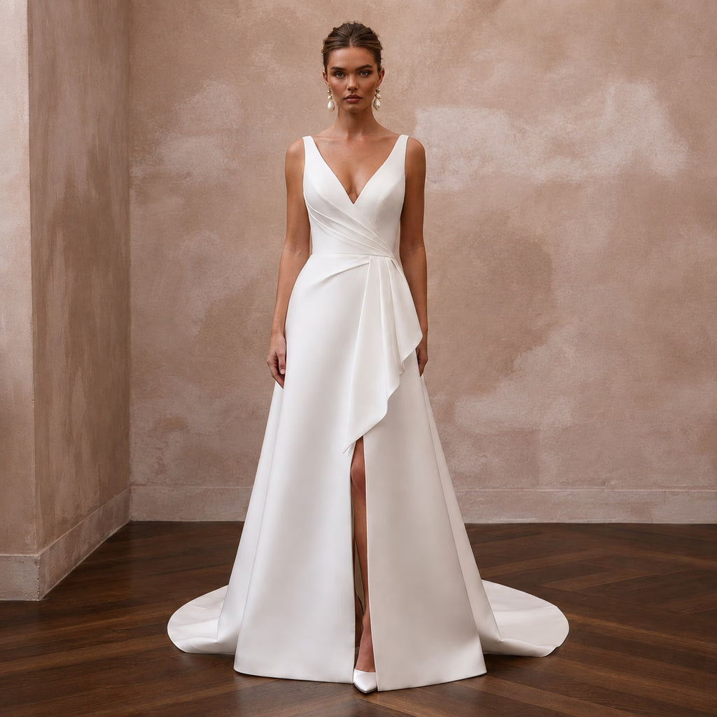 Modern Satin Wedding Dress with V-Neck for a Civil Wedding