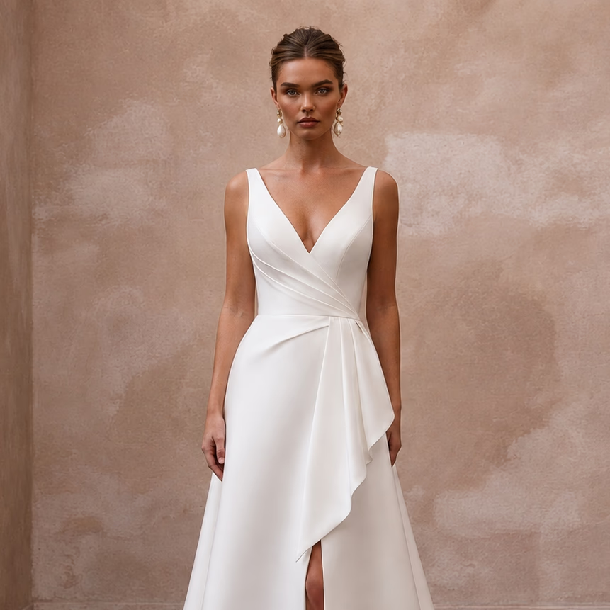 Modern Satin Wedding Dress with V-Neck for a Civil Wedding