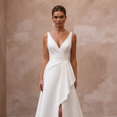 Modern Satin Wedding Dress with V-Neck for a Civil Wedding