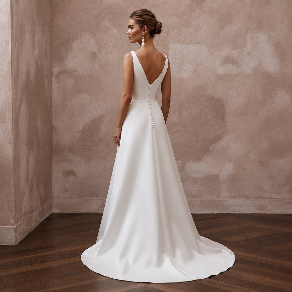 Modern Satin Wedding Dress with V-Neck for a Civil Wedding
