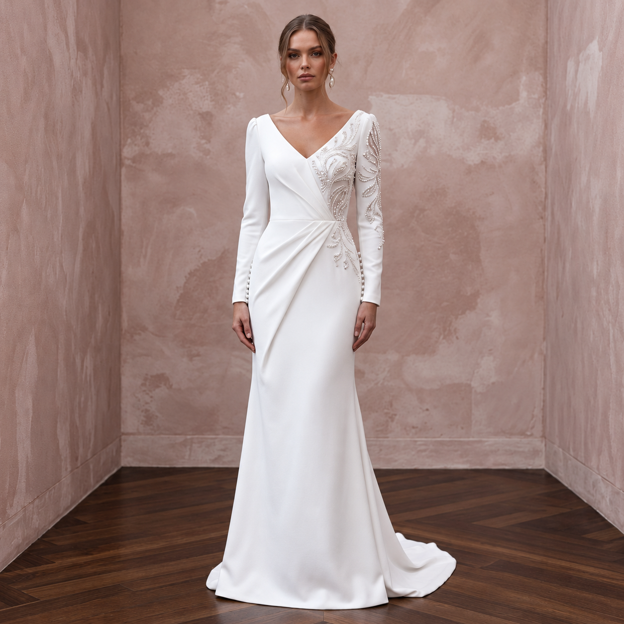 Modern Sculpted Crepe Wedding Gown with Long Sleeves Main image