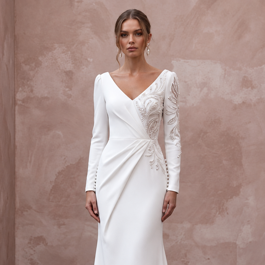 Modern Sculpted Crepe Wedding Gown with Long Sleeves