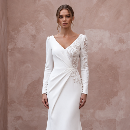 Modern Sculpted Crepe Wedding Gown with Long Sleeves
