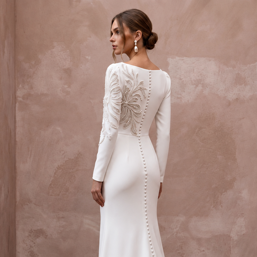Modern Sculpted Crepe Wedding Gown with Long Sleeves
